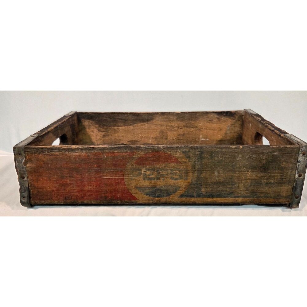 Vintage Pepsi Wood Crate Faded Logo Metal Corners Rustic Soda Advertising